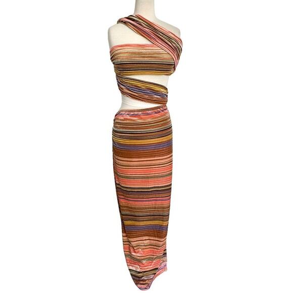 Ronny Kobo Multicolor Striped Velvet Cutout Midi Dress- Size L - Picture 3 of 8
